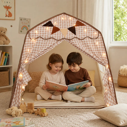 Kids tent play canopy featuring soft fabric in neutral pastel colors, ideal for indoor reading and play spaces, providing a cozy and inviting environment for children. 4