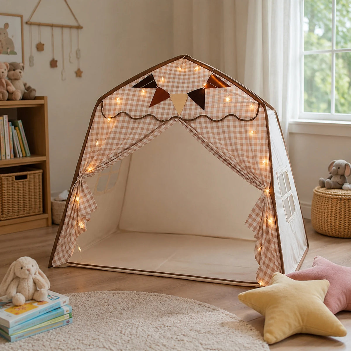 Kids tent play canopy featuring soft fabric in neutral pastel colors, ideal for indoor reading and play spaces, providing a cozy and inviting environment for children. 5