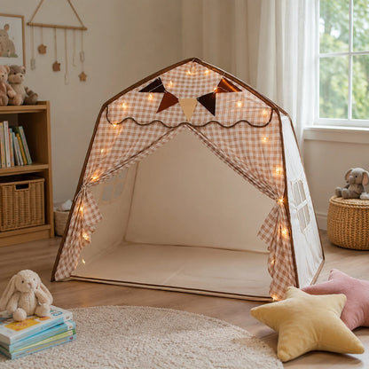 Kids tent play canopy featuring soft fabric in neutral pastel colors, ideal for indoor reading and play spaces, providing a cozy and inviting environment for children. 5