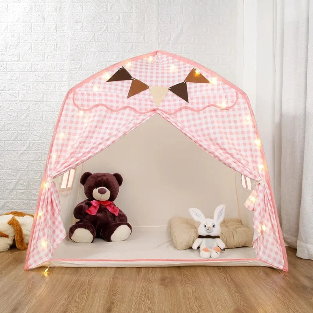 Kids tent play canopy featuring soft fabric in neutral pastel colors, ideal for indoor reading and play spaces, providing a cozy and inviting environment for children. 6