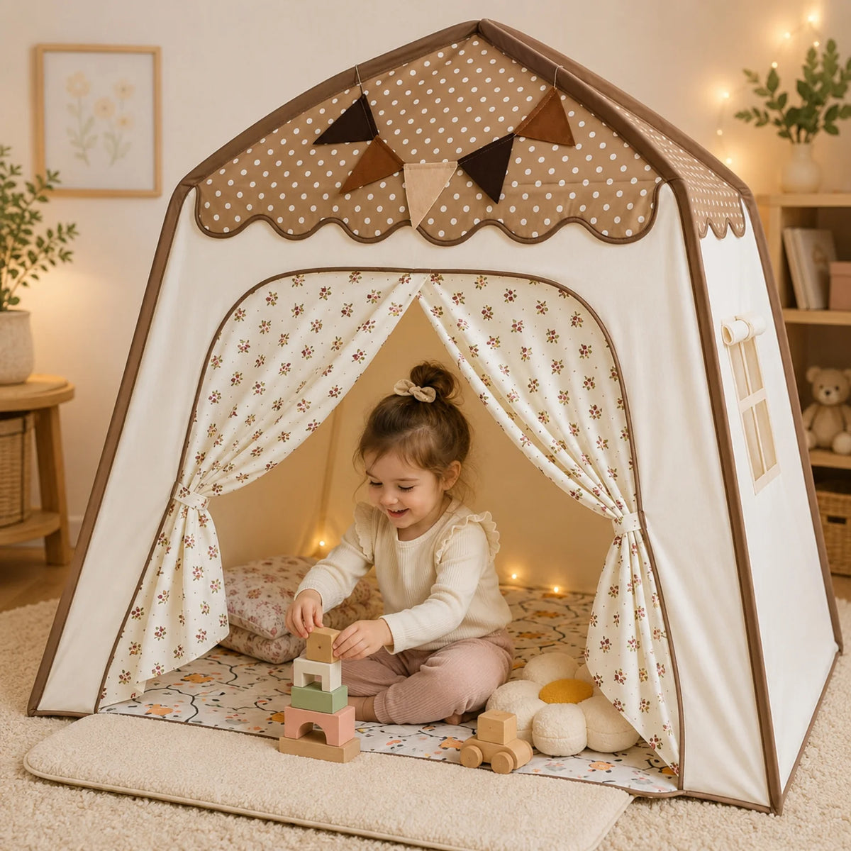 Kids tent play canopy featuring soft fabric in neutral pastel colors, ideal for indoor reading and play spaces, providing a cozy and inviting environment for children. 7