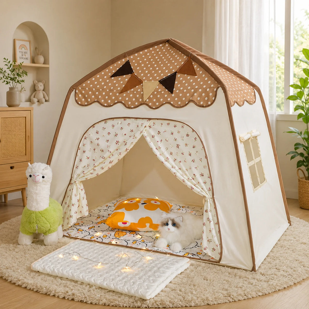 Kids tent play canopy featuring soft fabric in neutral pastel colors, ideal for indoor reading and play spaces, providing a cozy and inviting environment for children. 8