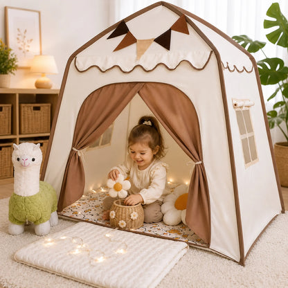 Kids tent play canopy featuring soft fabric in neutral pastel colors, ideal for indoor reading and play spaces, providing a cozy and inviting environment for children. 9