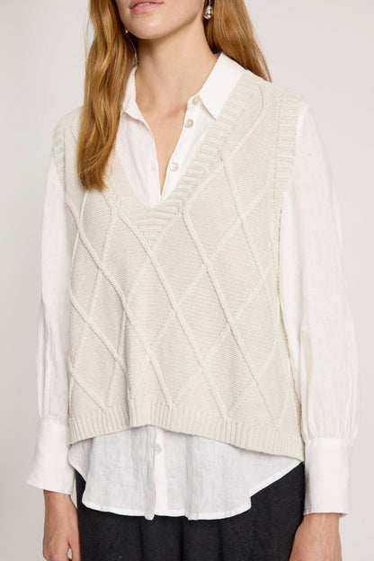 Knit vest featuring a stylish checkerboard pattern and ribbed detailing, designed for women in a soft cotton fabric, with a flattering V-neck, perfect 2