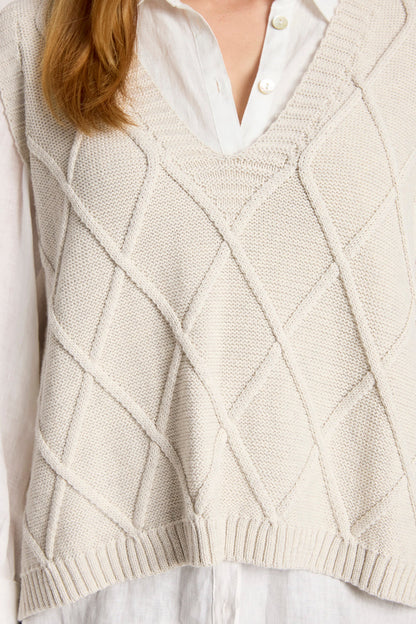 Knit vest featuring a stylish checkerboard pattern and ribbed detailing, designed for women in a soft cotton fabric, with a flattering V-neck, perfect 3