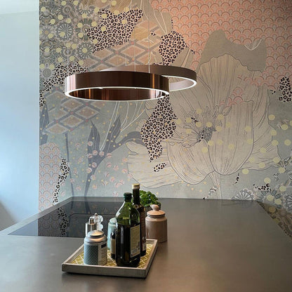 LED ceiling lamp featuring a sleek black and gold modern design, equipped with a dimmable function and adjustable height for customizable lighting solutions in contemporary spaces. 2