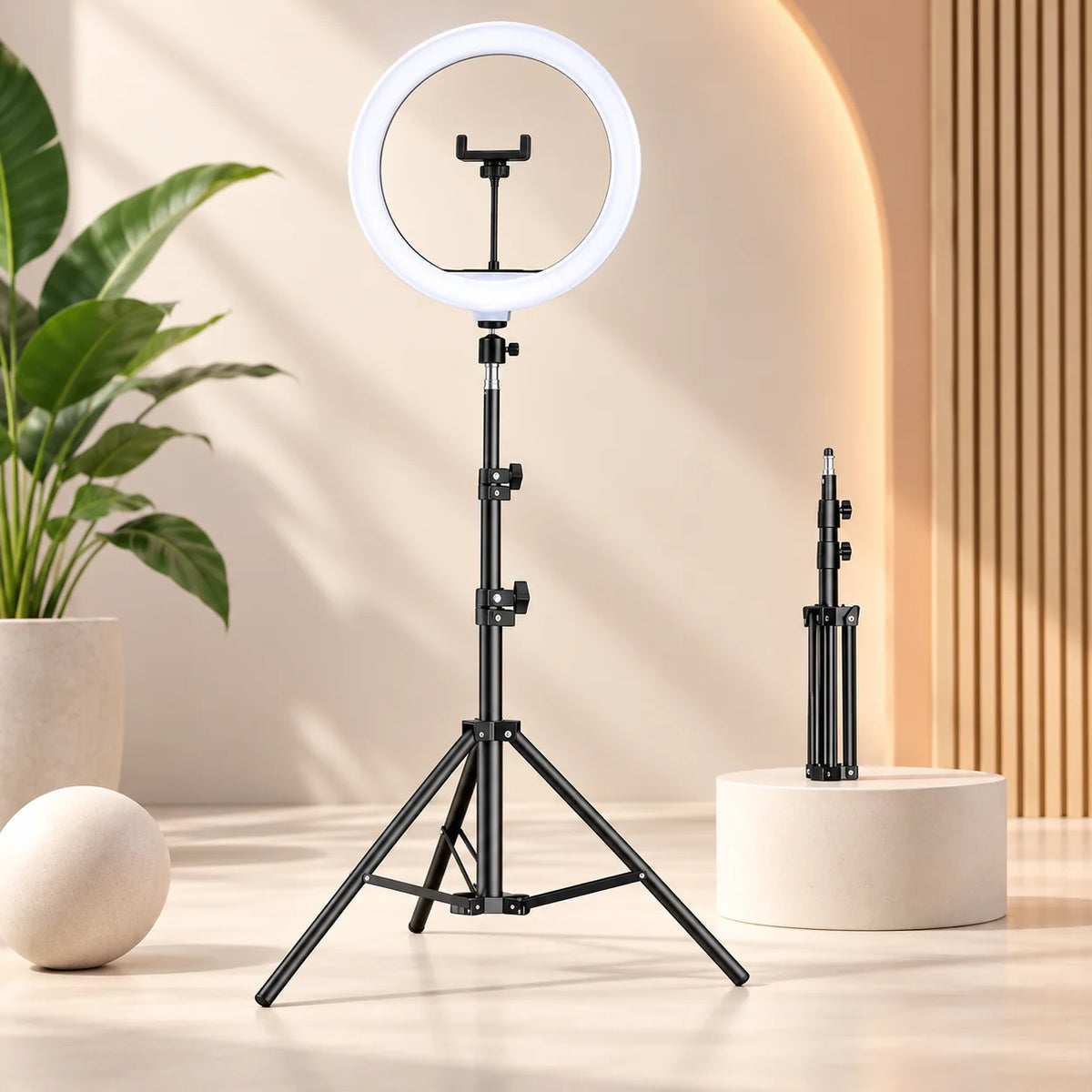 LED ring light with adjustable tripod and phone holder, perfect for photography and video, USB powered for easy use. 0
