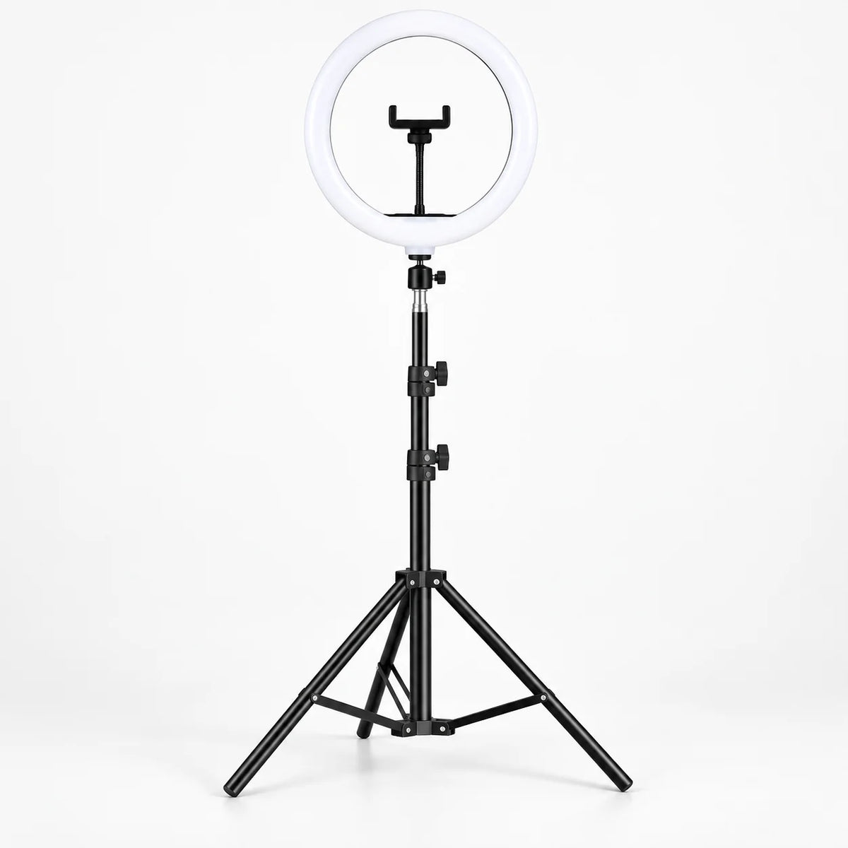 LED ring light with adjustable tripod and phone holder, perfect for photography and video, USB powered for easy use. 1