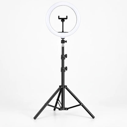 LED ring light with adjustable tripod and phone holder, perfect for photography and video, USB powered for easy use. 1