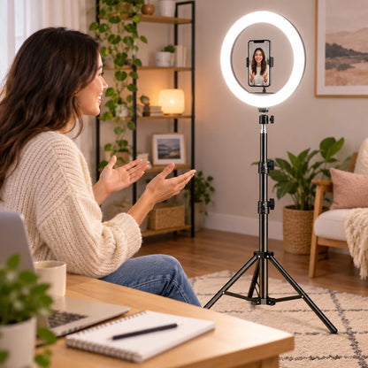 LED ring light with adjustable tripod and phone holder, perfect for photography and video, USB powered for easy use. 2
