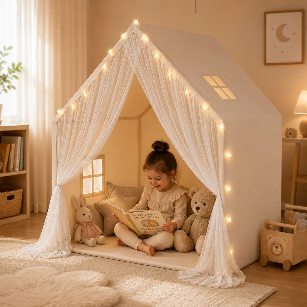 Lace kids play tent with LED lights in beige cotton fabric, designed as a cozy indoor hideaway for imaginative play. 0