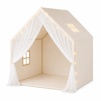 Lace kids play tent with LED lights in beige cotton fabric, designed as a cozy indoor hideaway for imaginative play. 1