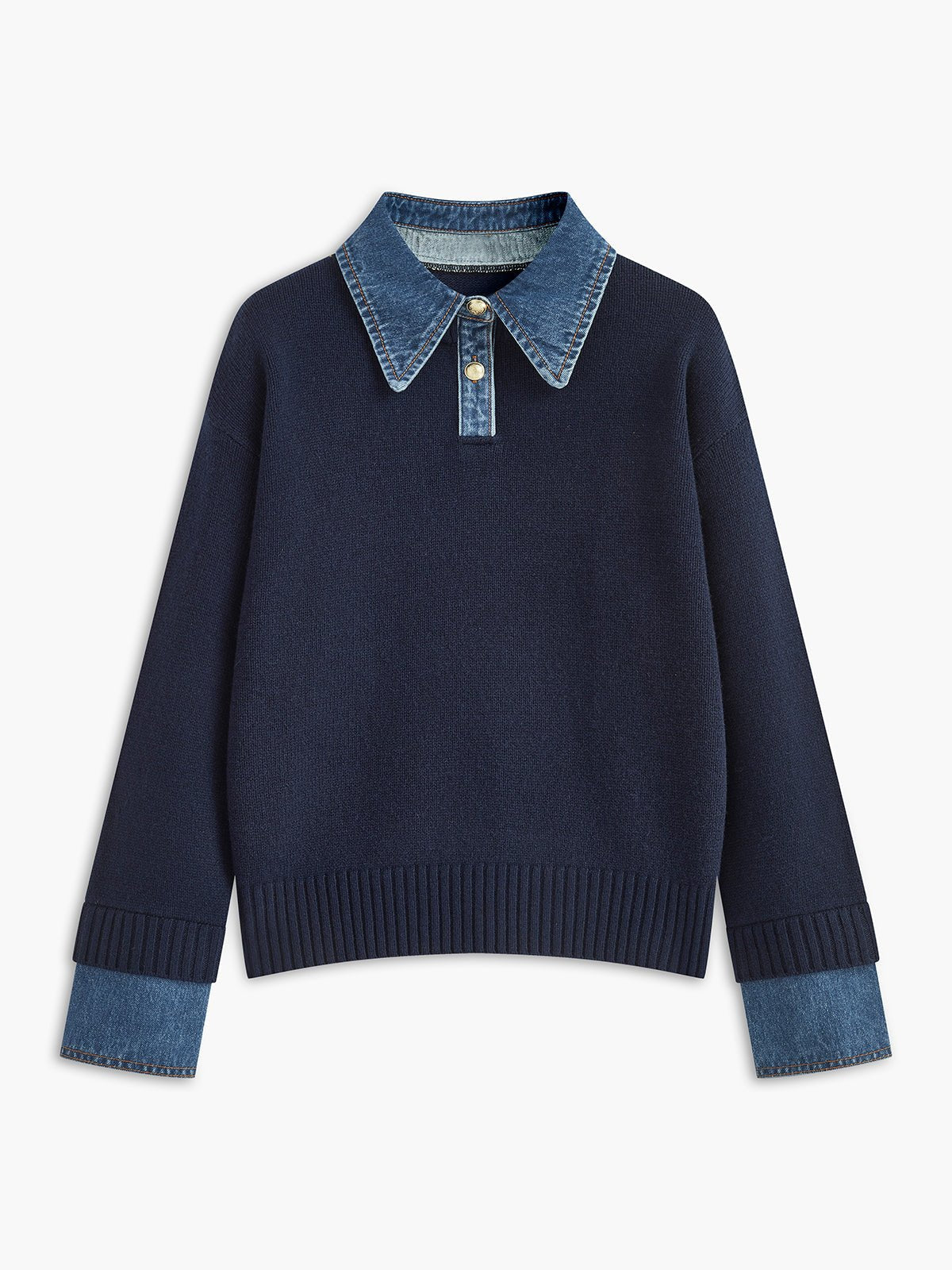 Layered knit polo sweater in navy featuring a denim collar and gold-tone buttons, perfect for stylish and casual outfits. 0
