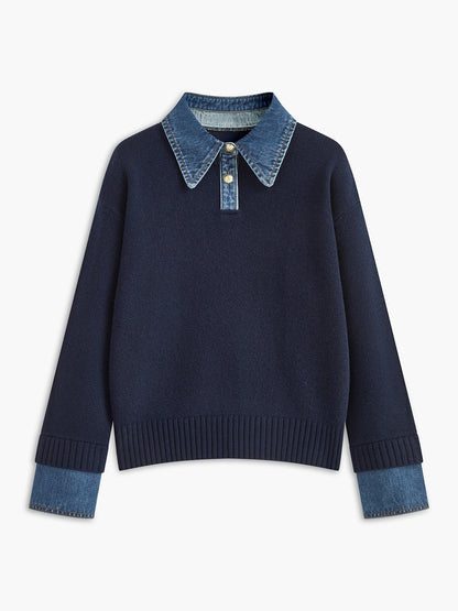 Layered knit polo sweater in navy featuring a denim collar and gold-tone buttons, perfect for stylish and casual outfits. 0