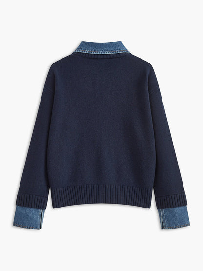 Layered knit polo sweater in navy featuring a denim collar and gold-tone buttons, perfect for stylish and casual outfits. 2