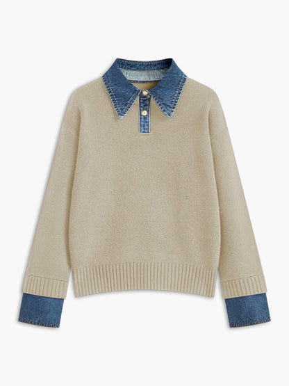Layered knit polo sweater in navy featuring a denim collar and gold-tone buttons, perfect for stylish and casual outfits. 8