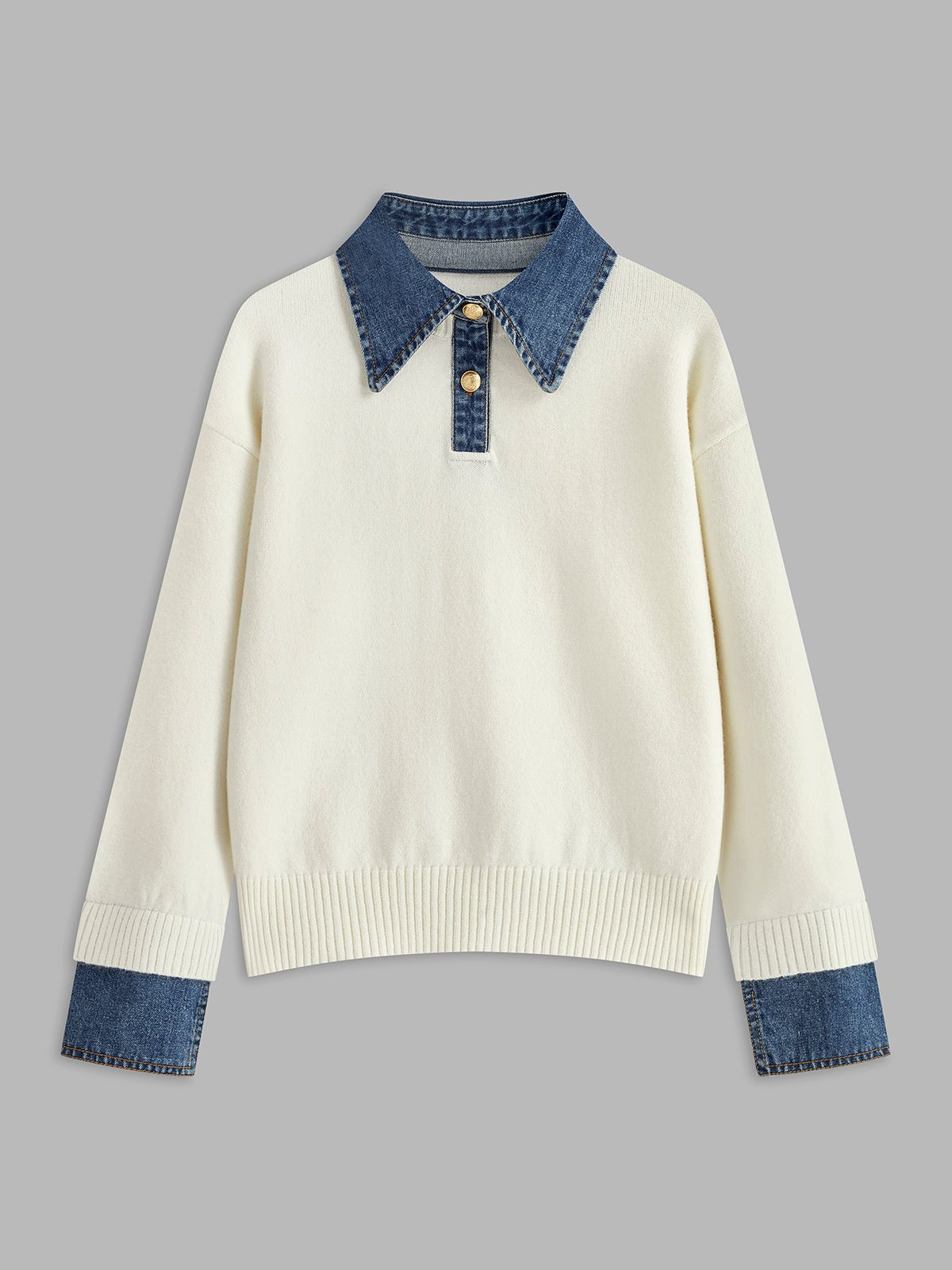 Layered knit polo sweater in navy featuring a denim collar and gold-tone buttons, perfect for stylish and casual outfits. 9