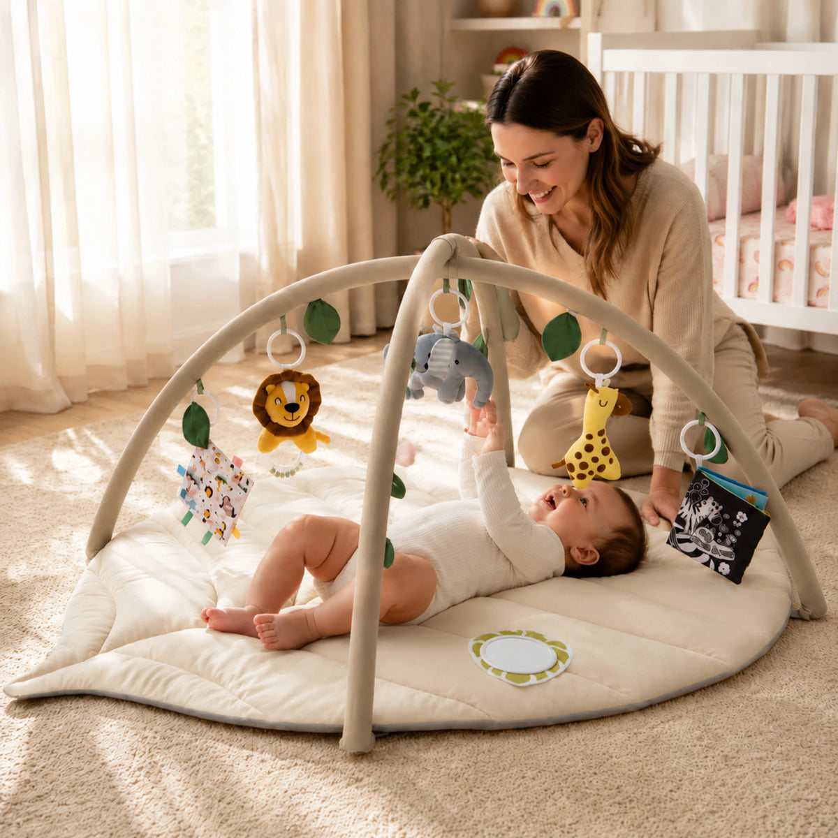 Leaf-shaped baby play gym featuring colorful detachable toys, designed for tummy time with a soft padded mat suitable for newborns and infants. 1