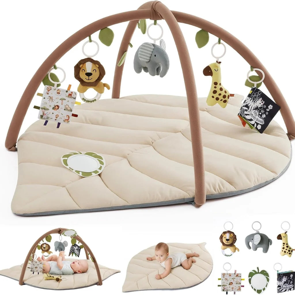 Leaf-shaped baby play gym featuring colorful detachable toys, designed for tummy time with a soft padded mat suitable for newborns and infants. 2
