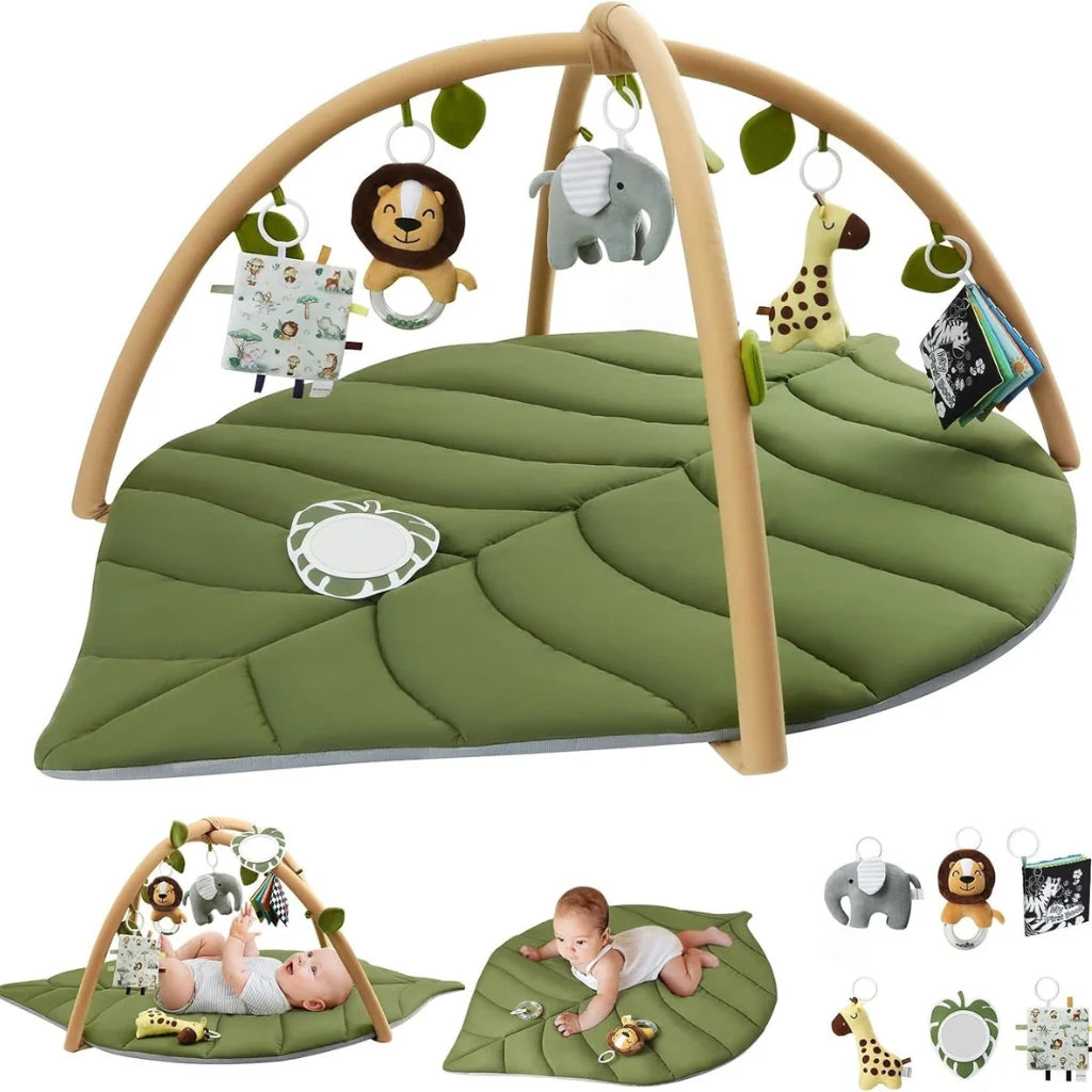 Leaf-shaped baby play gym featuring colorful detachable toys, designed for tummy time with a soft padded mat suitable for newborns and infants. 4