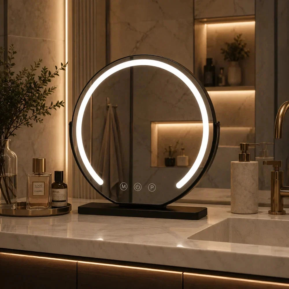 Lighted makeup mirror with 15x magnification and adjustable brightness in gold, black, and white metal finish, perfect for precise makeup application and grooming 1
