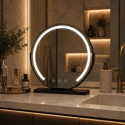 Lighted makeup mirror with 15x magnification and adjustable brightness in gold, black, and white metal finish, perfect for precise makeup application and grooming 1