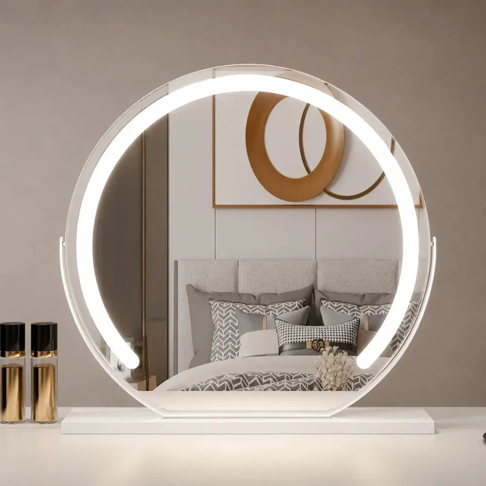 Lighted makeup mirror with 15x magnification and adjustable brightness in gold, black, and white metal finish, perfect for precise makeup application and grooming 10