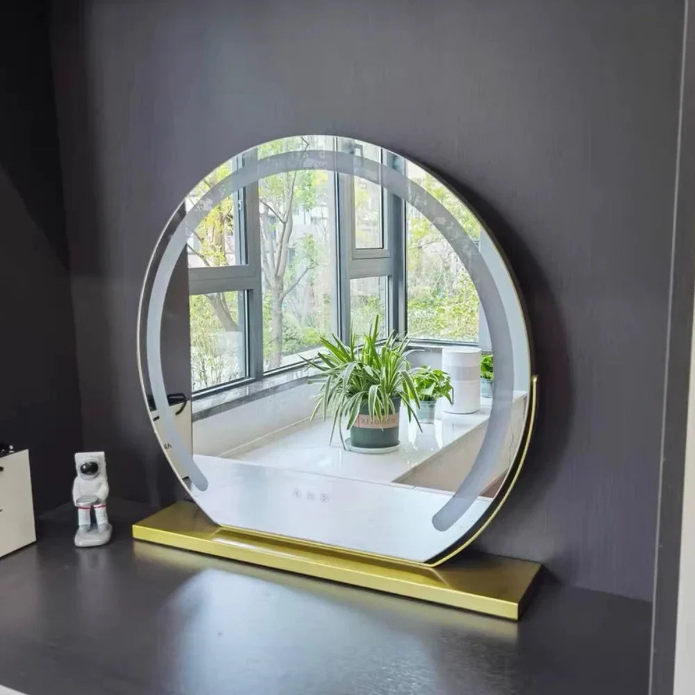 Lighted makeup mirror with 15x magnification and adjustable brightness in gold, black, and white metal finish, perfect for precise makeup application and grooming 3