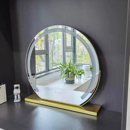 Lighted makeup mirror with 15x magnification and adjustable brightness in gold, black, and white metal finish, perfect for precise makeup application and grooming 3