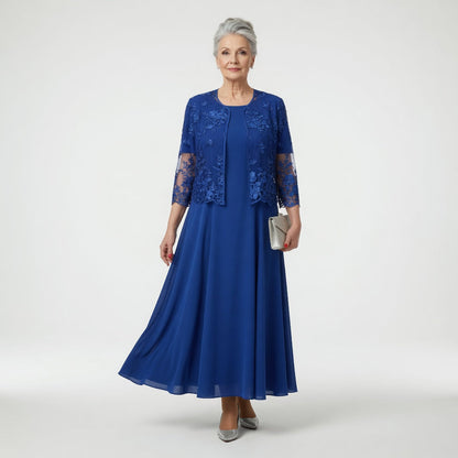 Long formal dress featuring intricate floral appliqués and embellished sleeves, designed for elegance at weddings and special occasions, with a flattering flared silhouette. 5