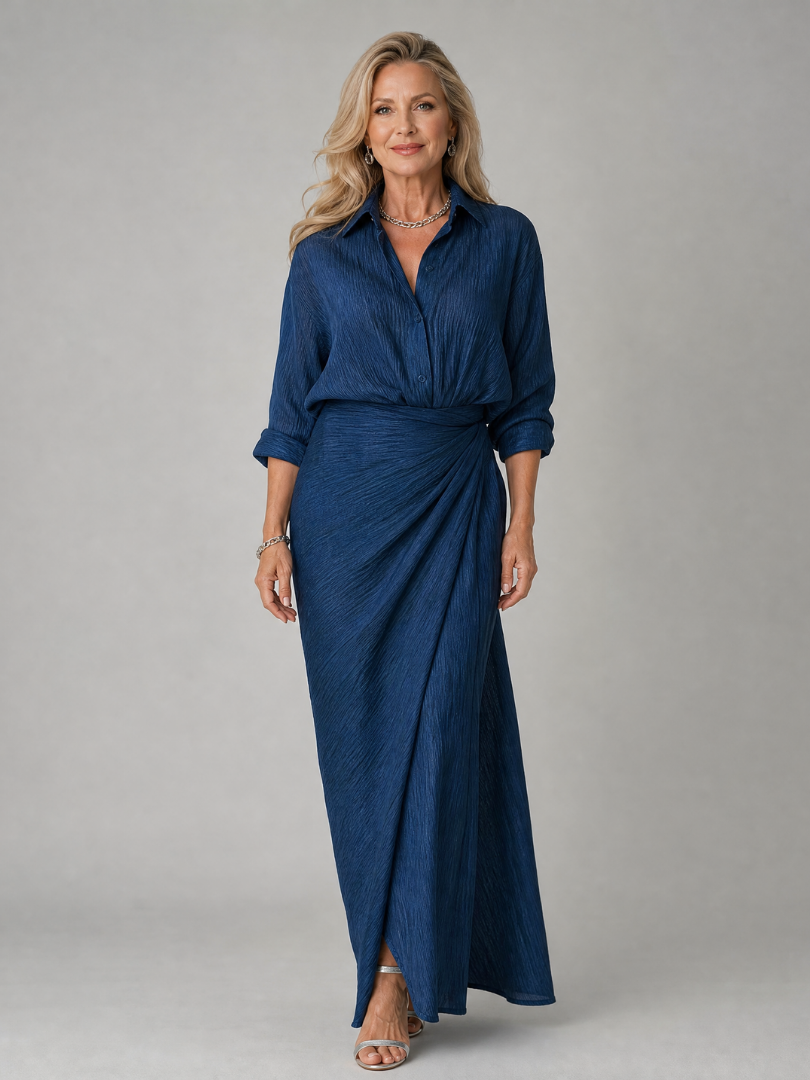 Long sleeve maxi dress featuring a wrap front design and gathered waist, perfect for elegant occasions and lightweight for comfort. 0