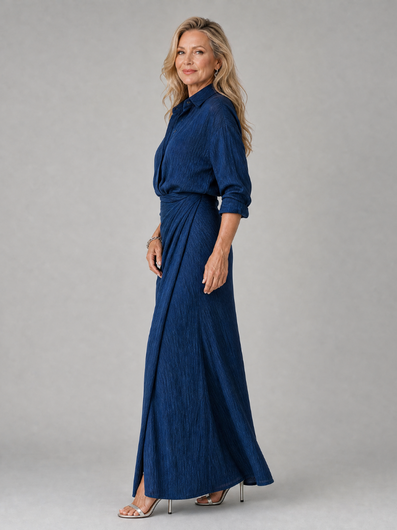 Long sleeve maxi dress featuring a wrap front design and gathered waist, perfect for elegant occasions and lightweight for comfort. 2
