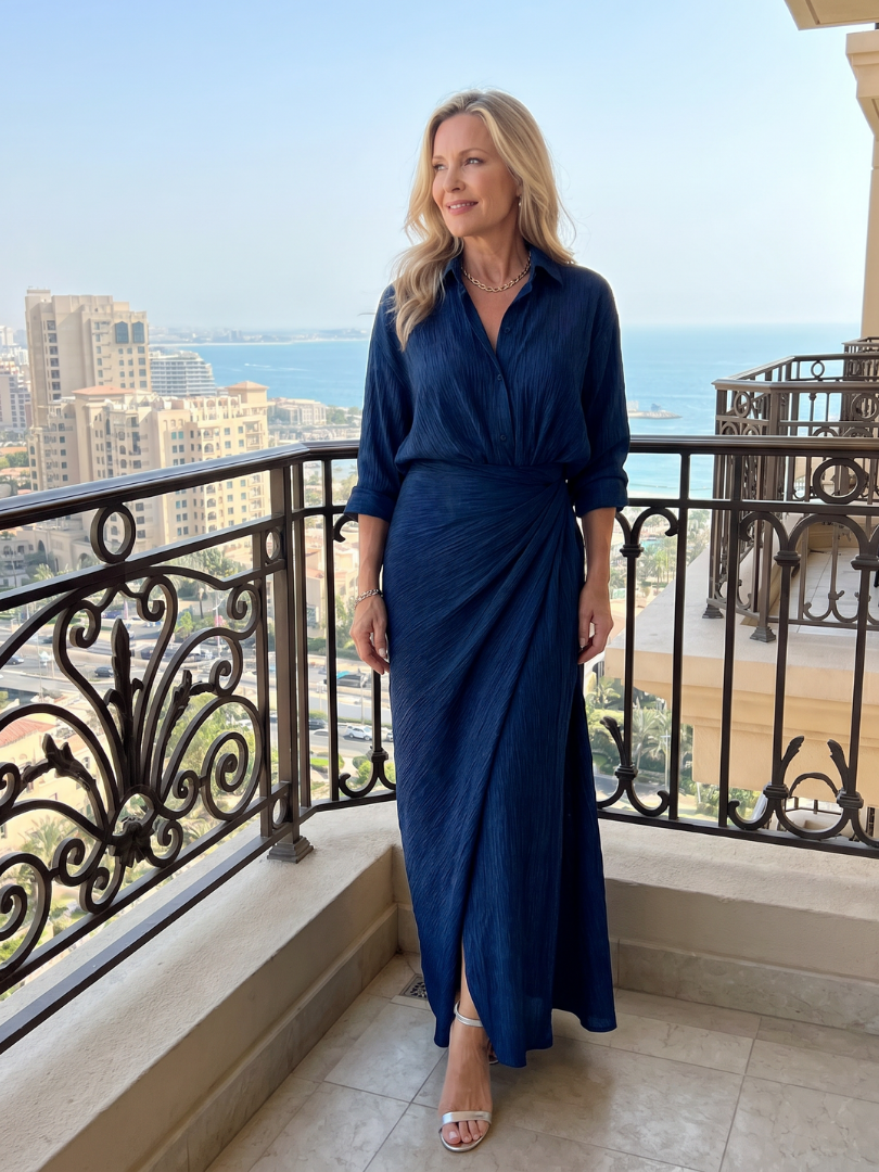 Long sleeve maxi dress featuring a wrap front design and gathered waist, perfect for elegant occasions and lightweight for comfort. 3