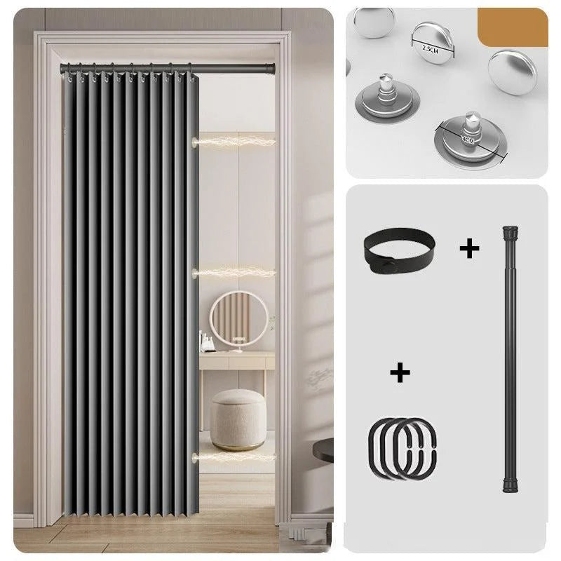 Magnetic accordion door curtain featuring no-drill installation and automatic closure, ideal for home and office use to enhance privacy and airflow. 4
