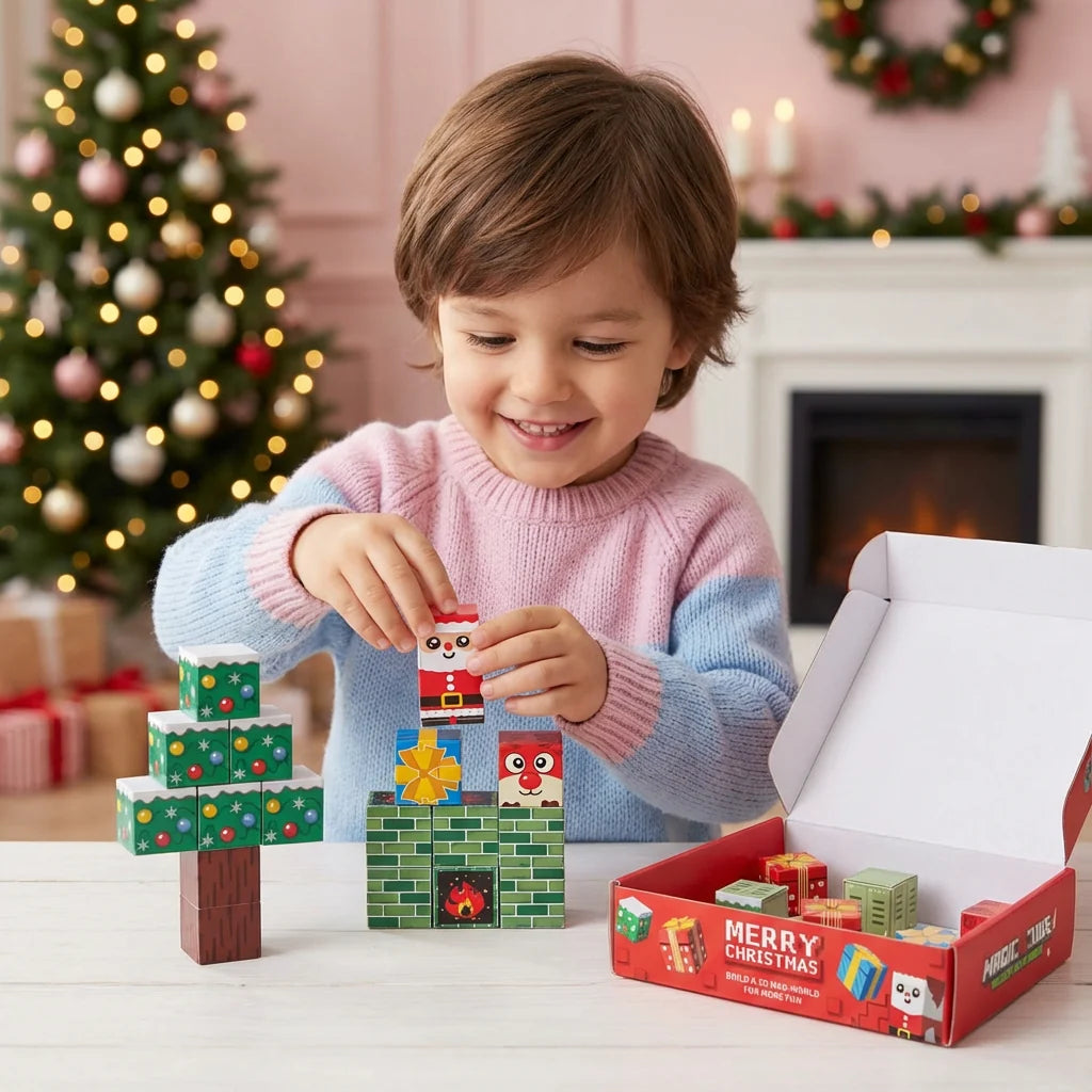 Magnetic building blocks set featuring colorful Christmas motifs, ideal for creative holiday play, consisting of cube-shaped plastic blocks. 0