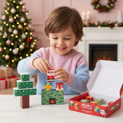 Magnetic building blocks set featuring colorful Christmas motifs, ideal for creative holiday play, consisting of cube-shaped plastic blocks. 0