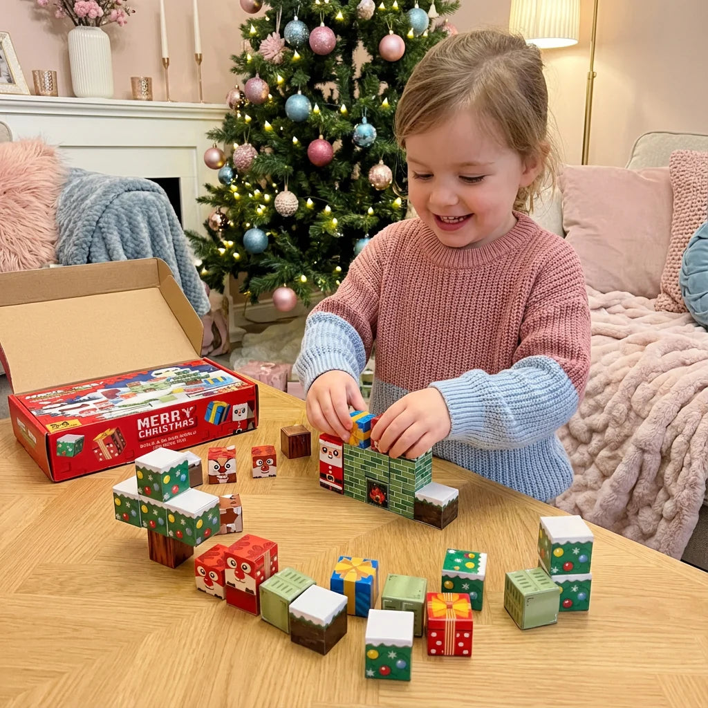Magnetic building blocks set featuring colorful Christmas motifs, ideal for creative holiday play, consisting of cube-shaped plastic blocks. 1