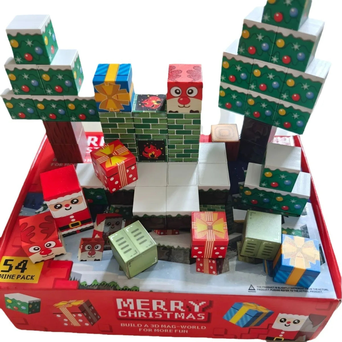 Magnetic building blocks set featuring colorful Christmas motifs, ideal for creative holiday play, consisting of cube-shaped plastic blocks. 6