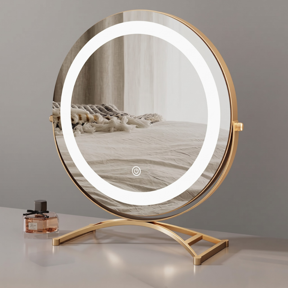 Makeup mirror with adjustable lights and 360° rotation featuring smart touch controls and tri-tone light settings for perfect makeup application. 0
