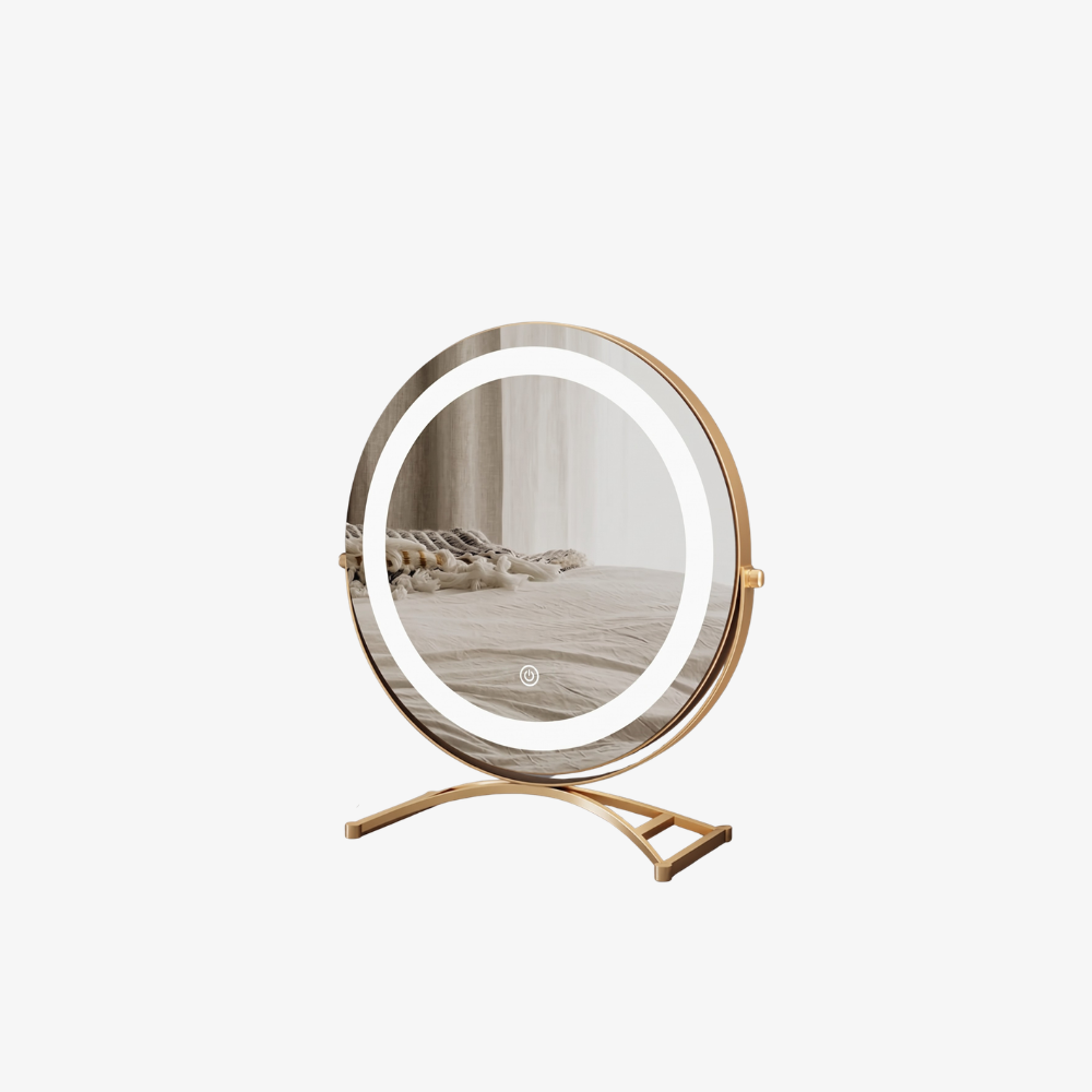 Makeup mirror with adjustable lights and 360° rotation featuring smart touch controls and tri-tone light settings for perfect makeup application. 1
