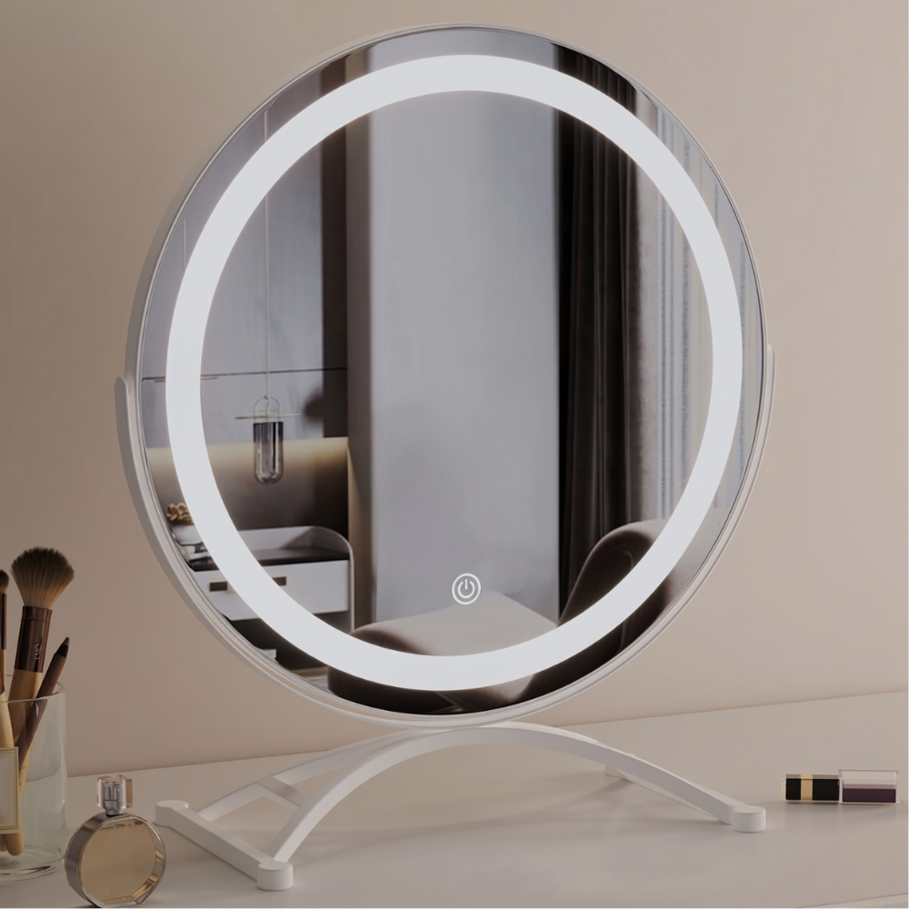 Makeup mirror with adjustable lights and 360° rotation featuring smart touch controls and tri-tone light settings for perfect makeup application. 2