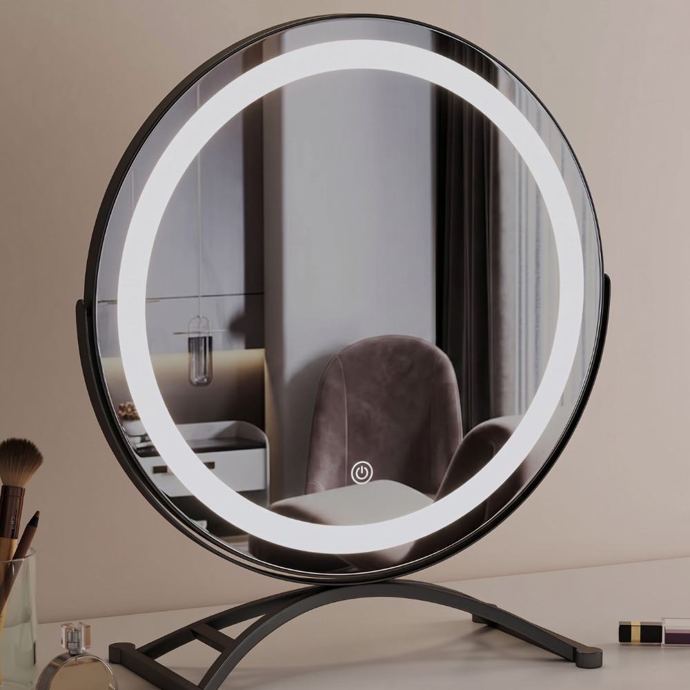 Makeup mirror with adjustable lights and 360° rotation featuring smart touch controls and tri-tone light settings for perfect makeup application. 3