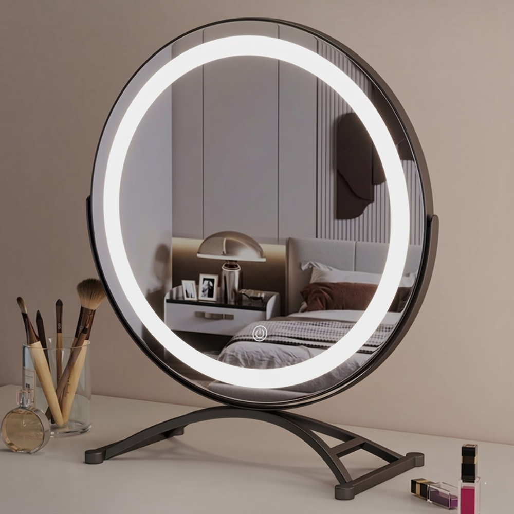 Makeup mirror with adjustable lights and 360° rotation featuring smart touch controls and tri-tone light settings for perfect makeup application. 4
