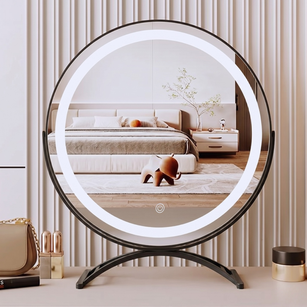 Makeup mirror with adjustable lights and 360° rotation featuring smart touch controls and tri-tone light settings for perfect makeup application. 5