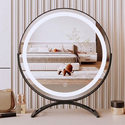 Makeup mirror with adjustable lights and 360° rotation featuring smart touch controls and tri-tone light settings for perfect makeup application. 5