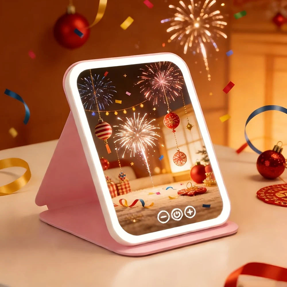 Portable pink plastic makeup mirror with touch control light, featuring a sleek design and adjustable brightness for optimal lighting during makeup application. 0