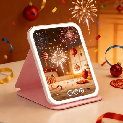 Portable pink plastic makeup mirror with touch control light, featuring a sleek design and adjustable brightness for optimal lighting during makeup application. 0
