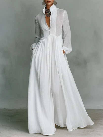 Maxi dress featuring a stylish patchwork linen design, elegant stand-up collar, and convenient button closure, perfect for casual or semi-formal occasions. 0