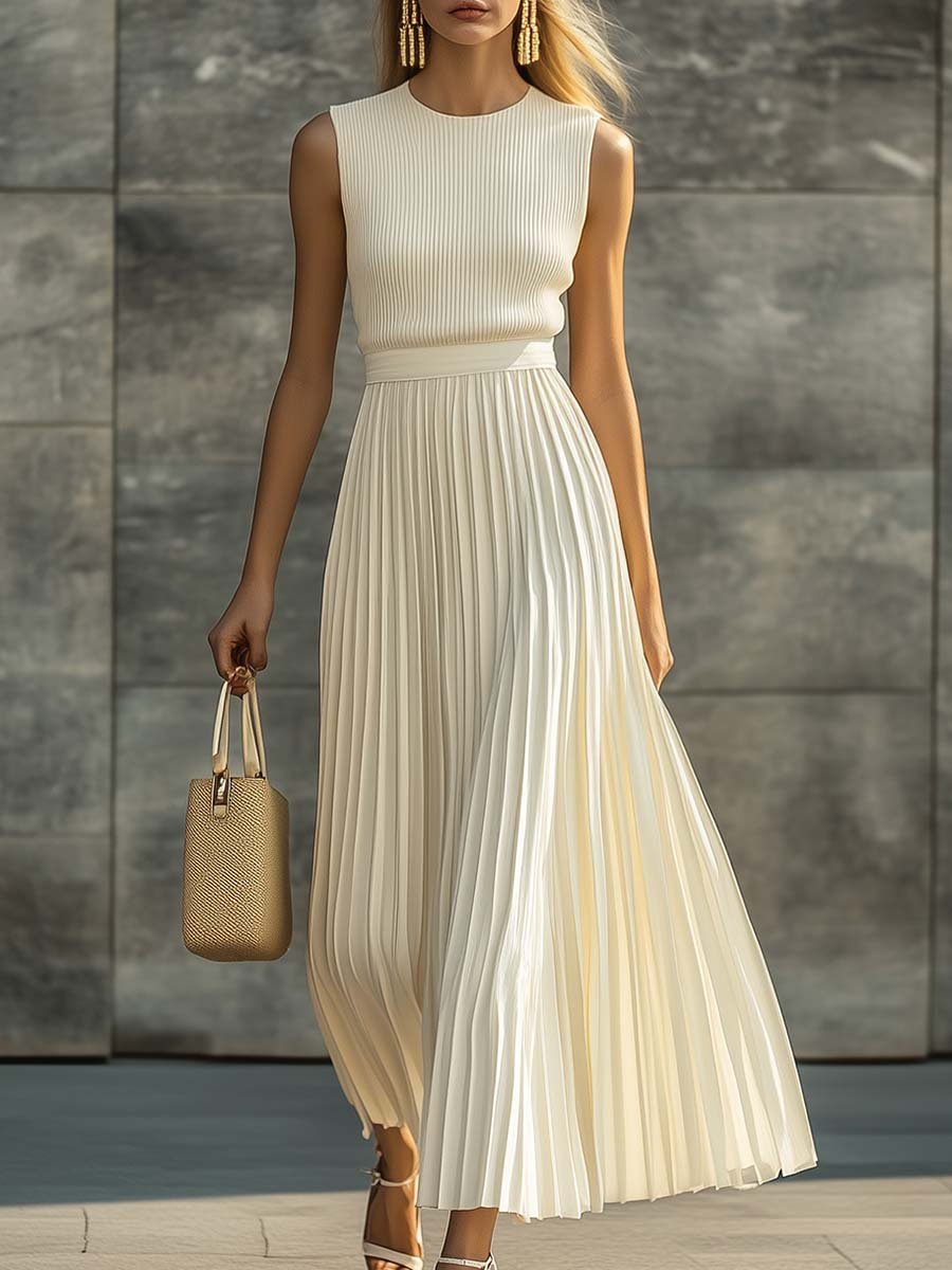 Elegant maxi dress featuring a pleated knit chiffon fabric and a stylish round neck design, perfect for formal occasions and summer events. 0