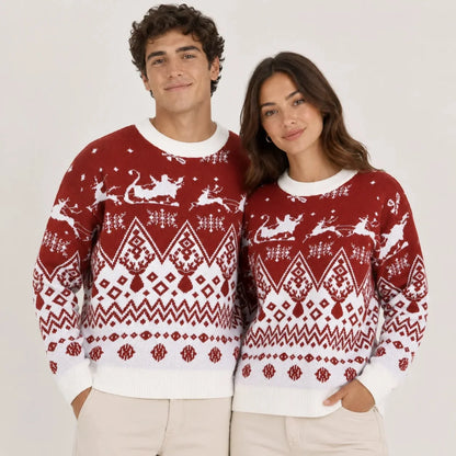 Men's Christmas jumper featuring a festive Santa sleigh and reindeer pattern, crafted from a cozy acrylic-blend jacquard knit, designed for a 1